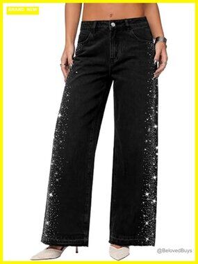 Rhinestone Wide Leg Jeans for Women High Waisted Baggy Jeans